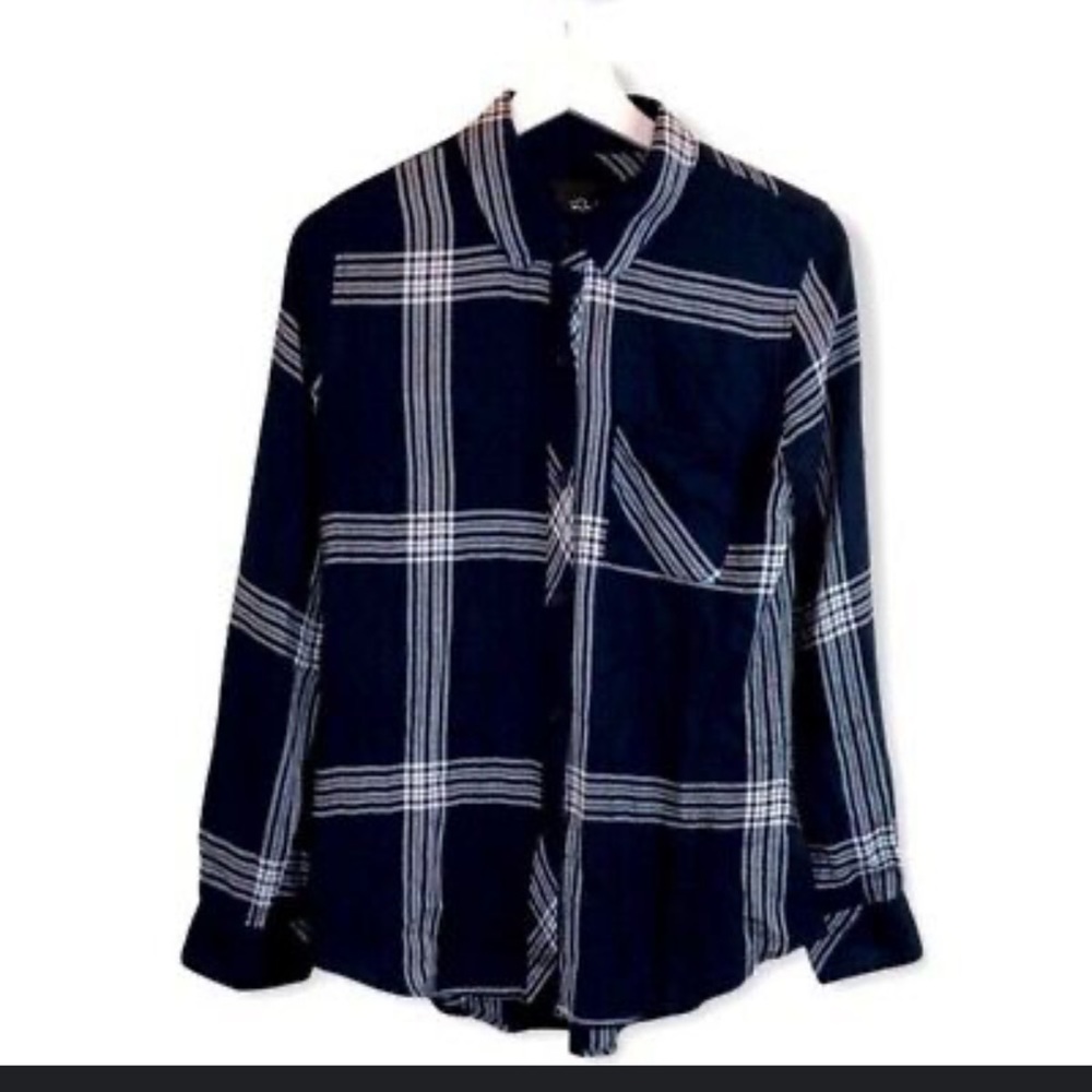 Rails Navy Blue White Plaid Rayon Button Down Top Size Medium